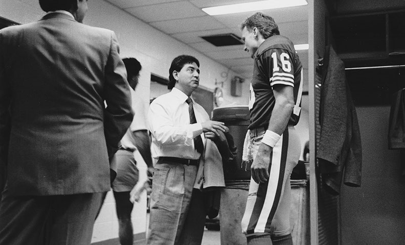 49ers owner Eddie DeBartolo and QB Joe Montana @ New York Jets, 10/29/89. 49ers won 23-10. Photo by Bill Fox.