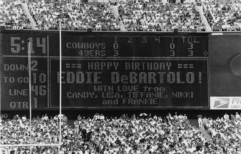 Scoreboard for 49ers owner Eddie DeBartolo at Candlestick, 11/10/96. Cowboys won 20-17 (OT). Photo by Michael Zagaris.